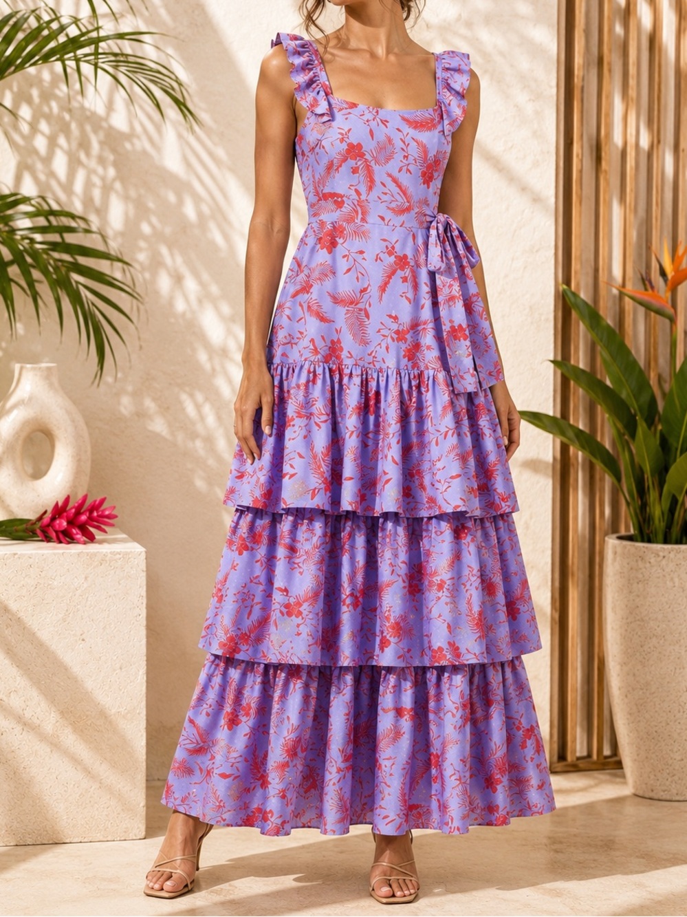 🌺 Likely Juno Lavender Tiered Ruffled Midi Dress w/Bright Red Floral Design